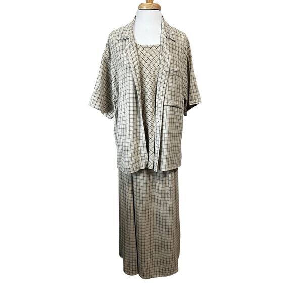 CHICO'S Top, Tank Skirt 3pc Set Vintage Tan Plaid Linen Country Cottage L-XL - Picture 1 of 11